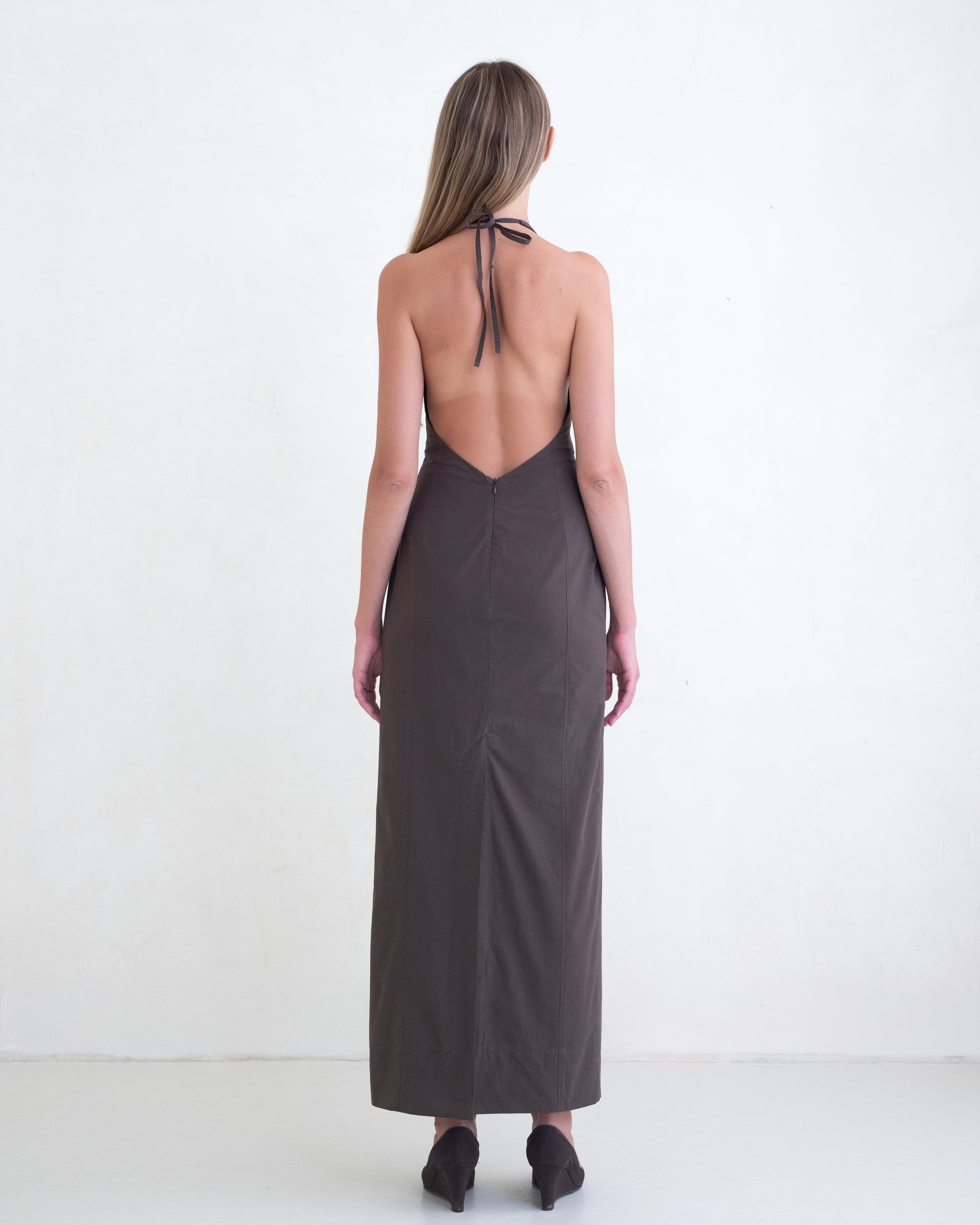 low back brown dress Tykaia Low Back Halter Backless Maxi Dress | Chocolate | Womens