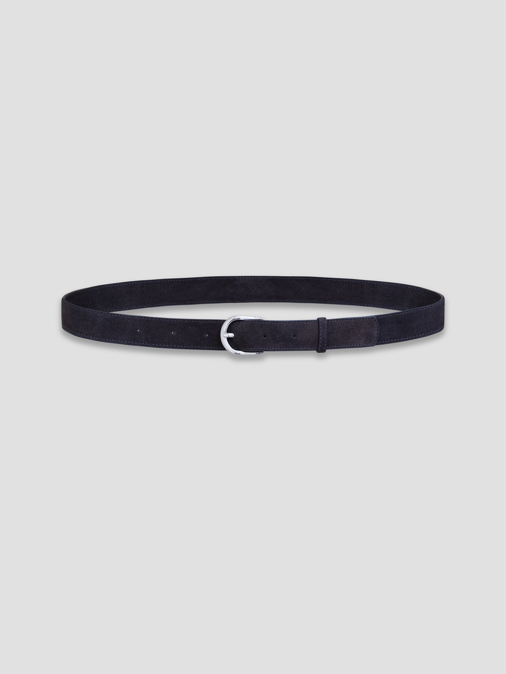 A brown leather belt with silver metal buckle on a white background. 