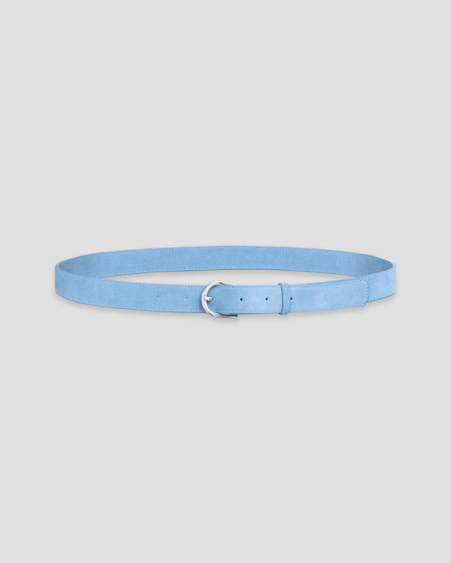 A light blue leather belt with silver metal buckle on a white background. 