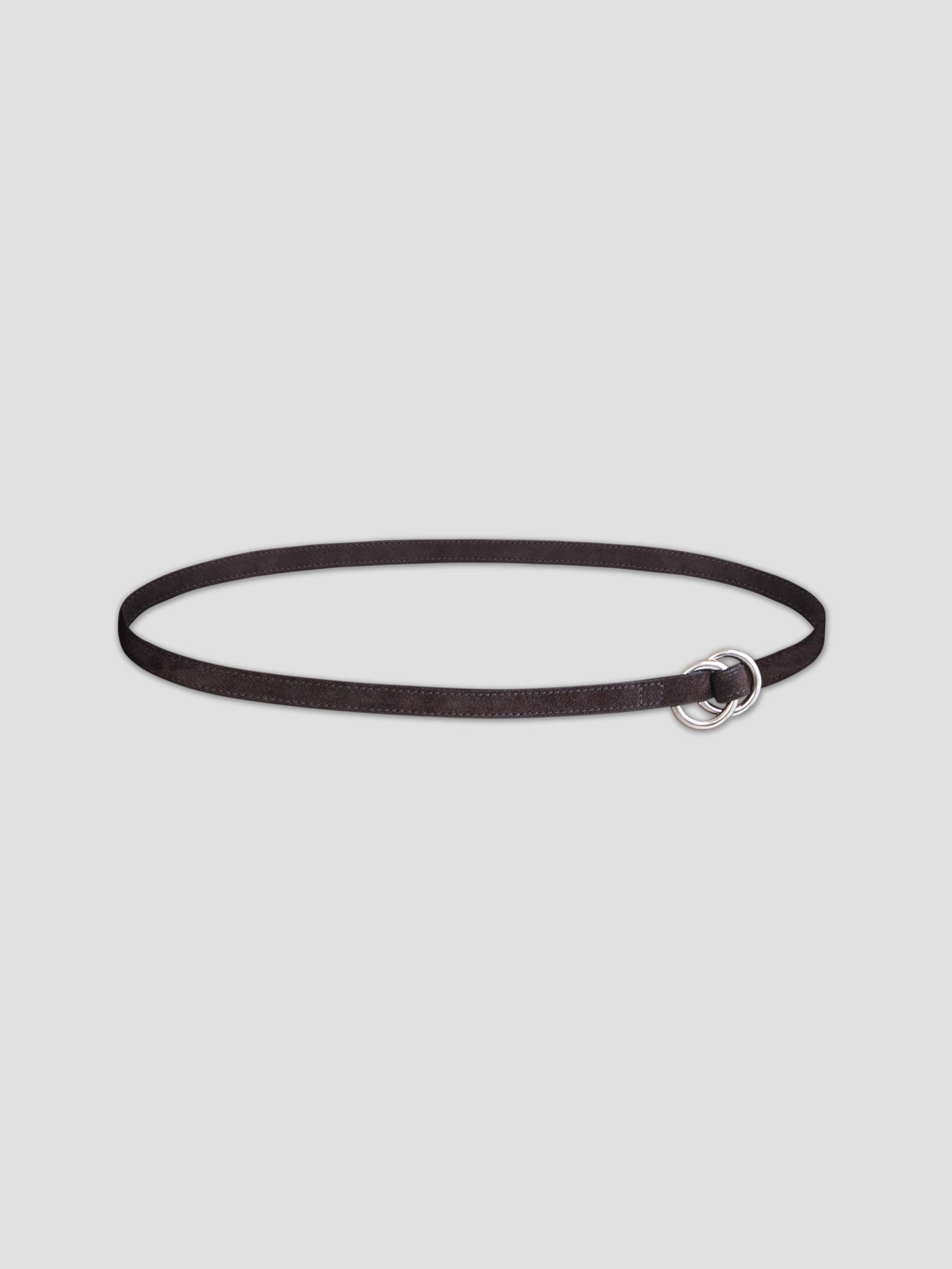 A brown leather belt with dual metal loops on a white background. 