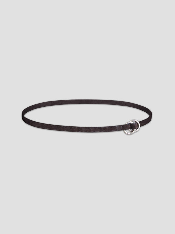 A brown leather belt with dual metal loops on a white background. 
