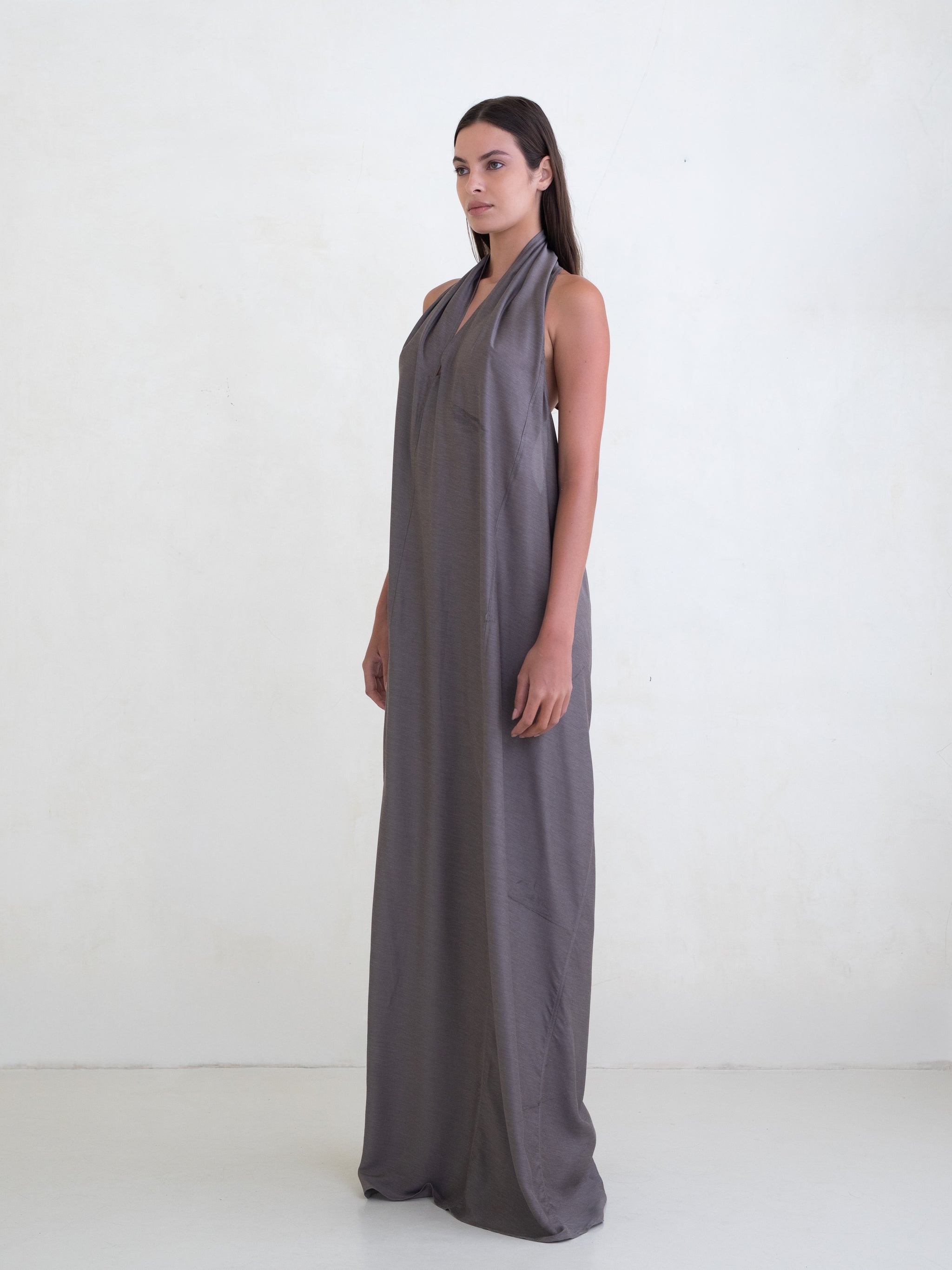 Woman wearing a taupe sleeveless maxi dress on a white background 